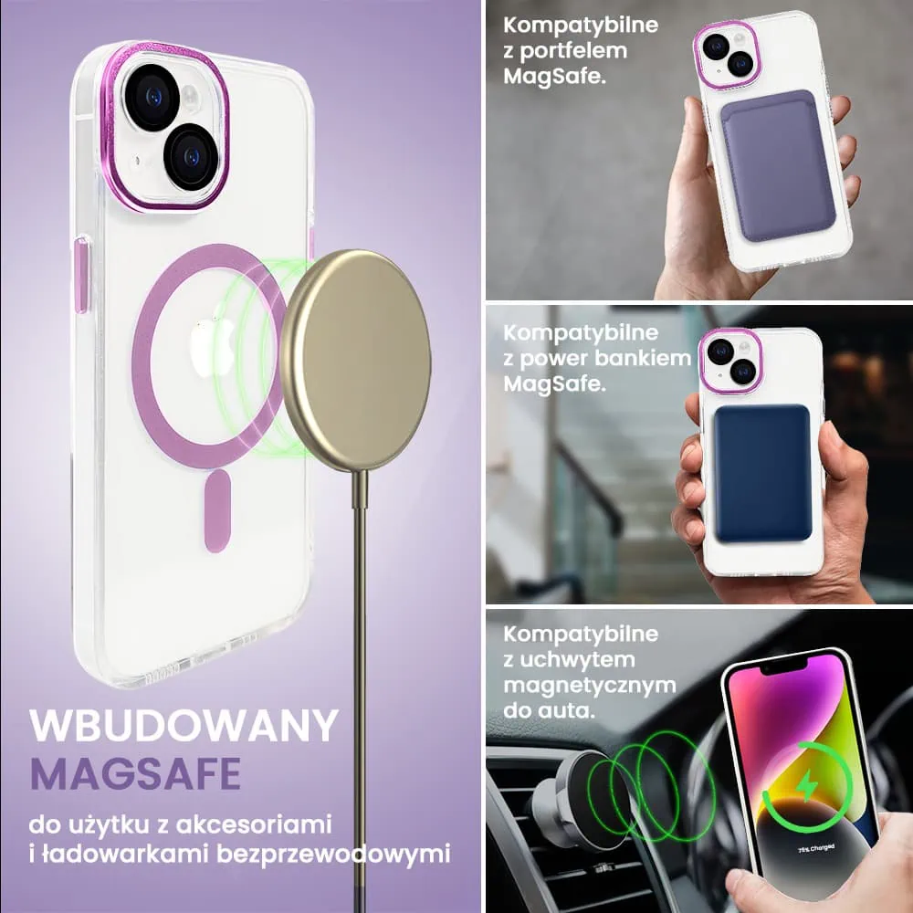Etui do iPhone 14 Simple Elegance z MagSafe, twardy przeźroczysty tył, hybrydowa ochrona kamery, różowe