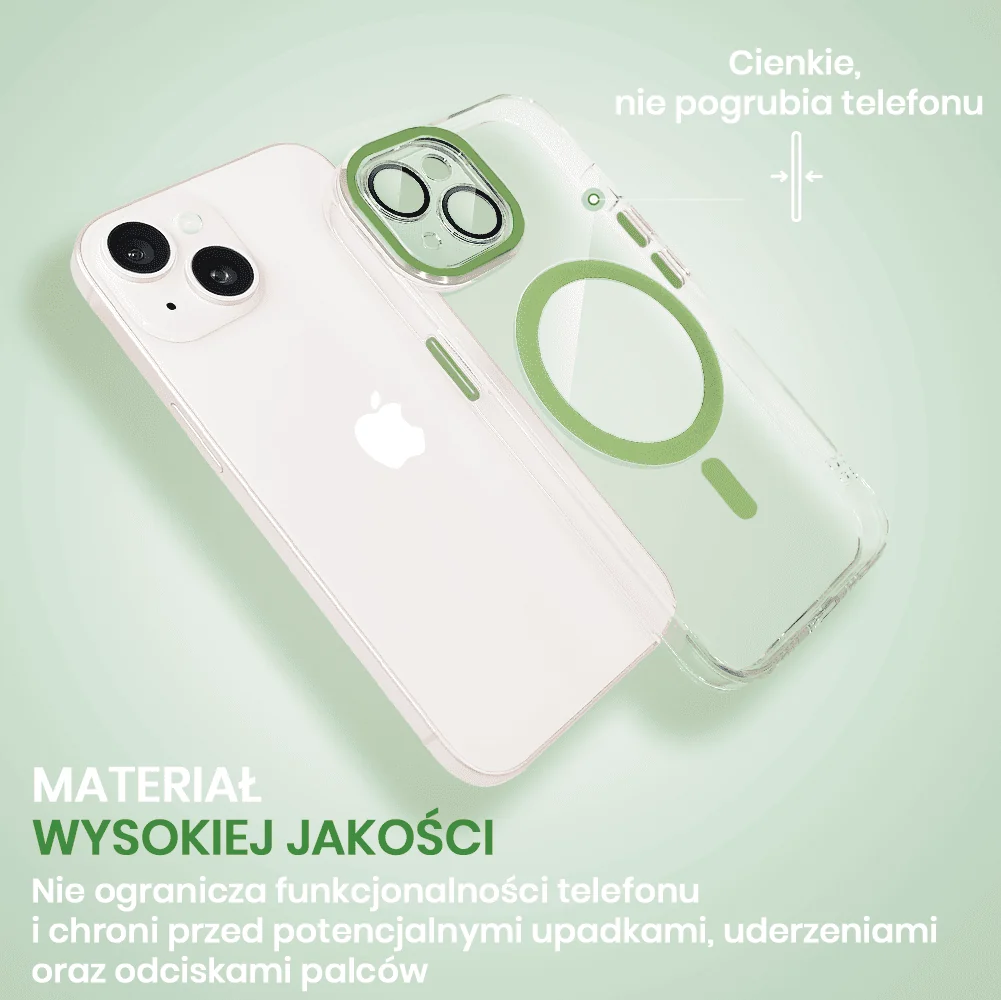 Etui do iPhone 15 Simple Elegance z MagSafe, twardy przeźroczysty tył, hybrydowa ochrona kamery, zielone