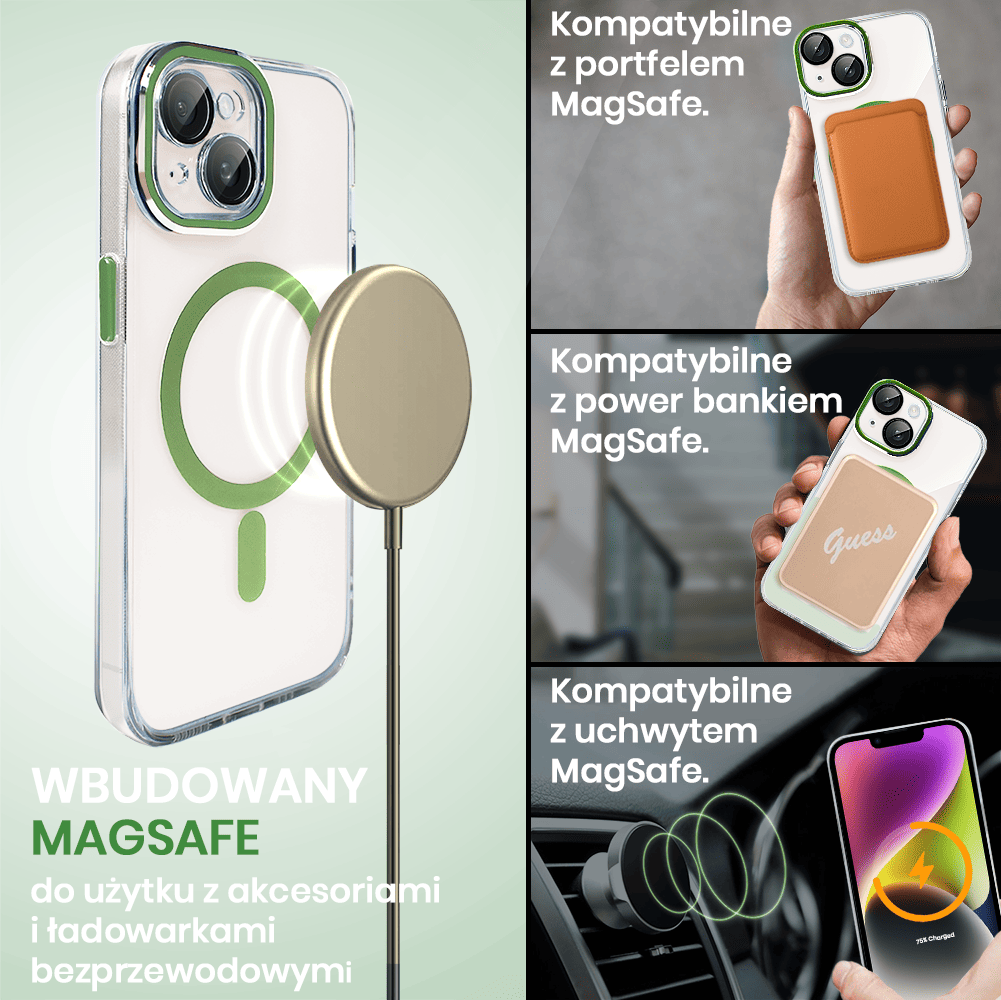 Etui do iPhone 14 Simple Elegance z MagSafe, twardy przeźroczysty tył, hybrydowa ochrona kamery, zielone