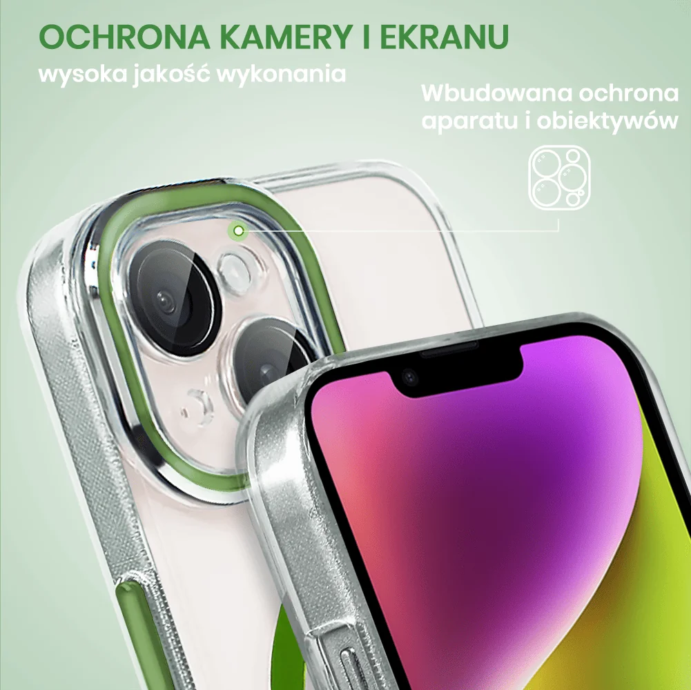 Etui do iPhone 14 Simple Elegance z MagSafe, twardy przeźroczysty tył, hybrydowa ochrona kamery, zielone
