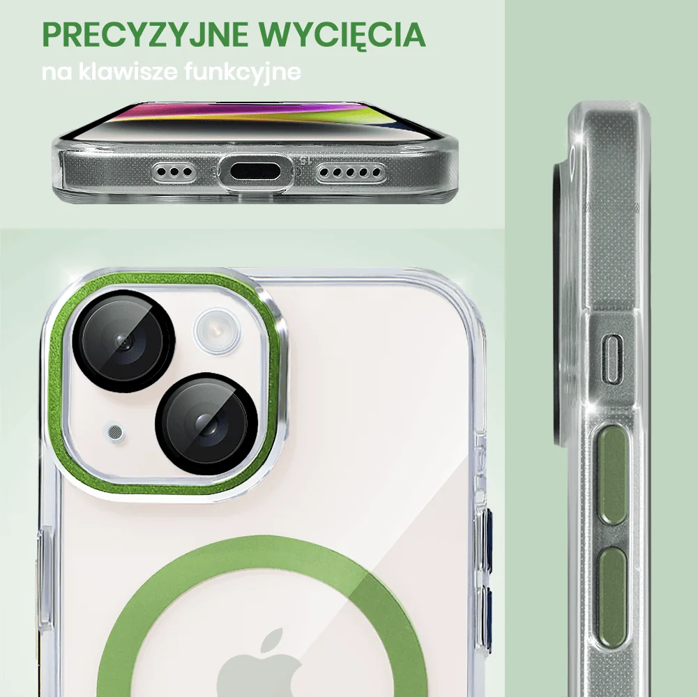 Etui do iPhone 14 Simple Elegance z MagSafe, twardy przeźroczysty tył, hybrydowa ochrona kamery, zielone