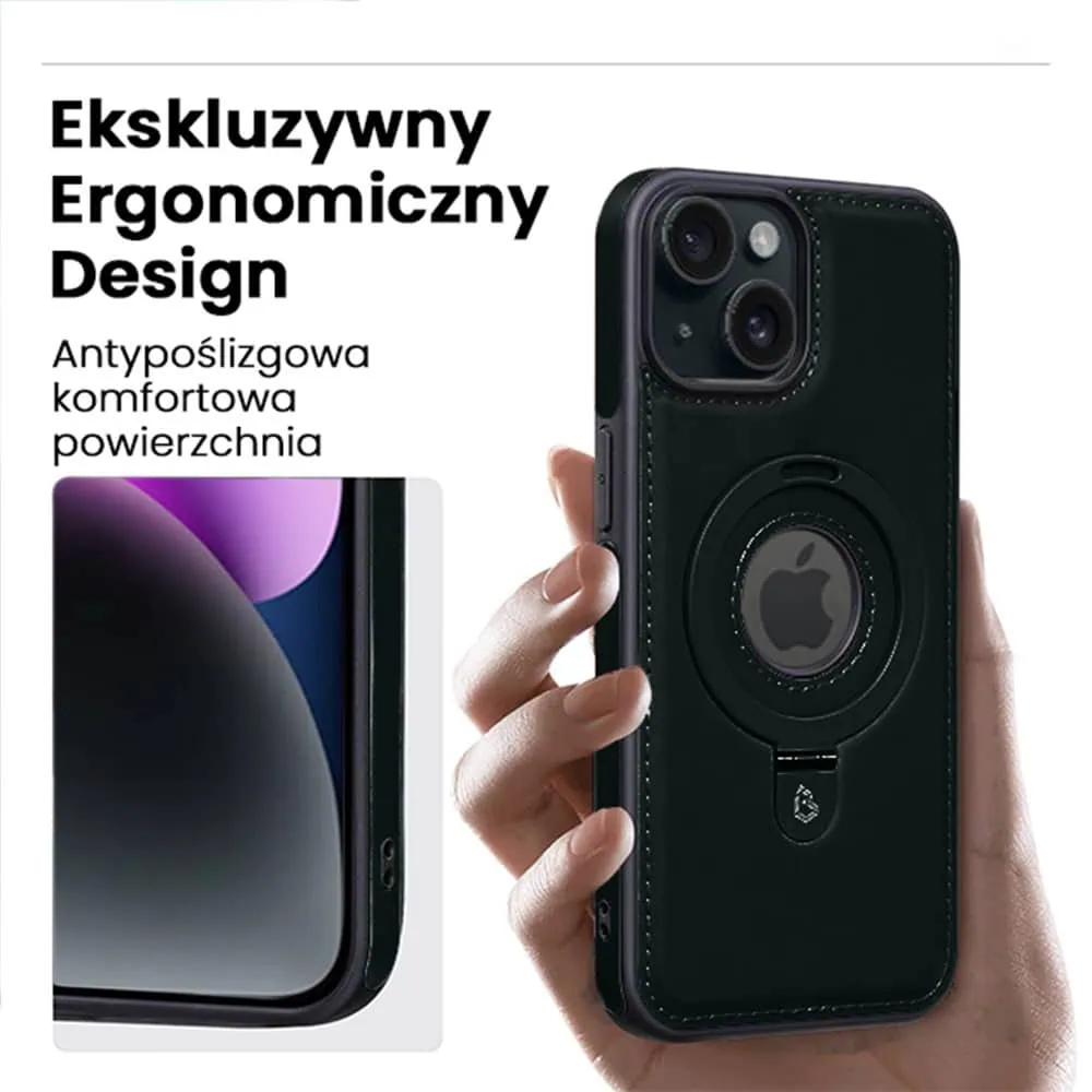 Etui do iPhone 14 Slim Leather MagSafe Stand z podstawką i widocznym logo, czarne