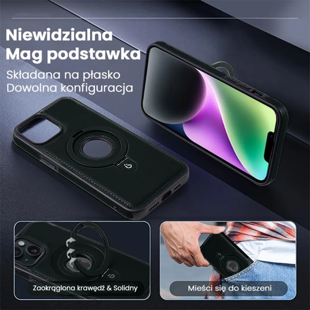 Etui do iPhone 14 Slim Leather MagSafe Stand z podstawką i widocznym logo, czarne