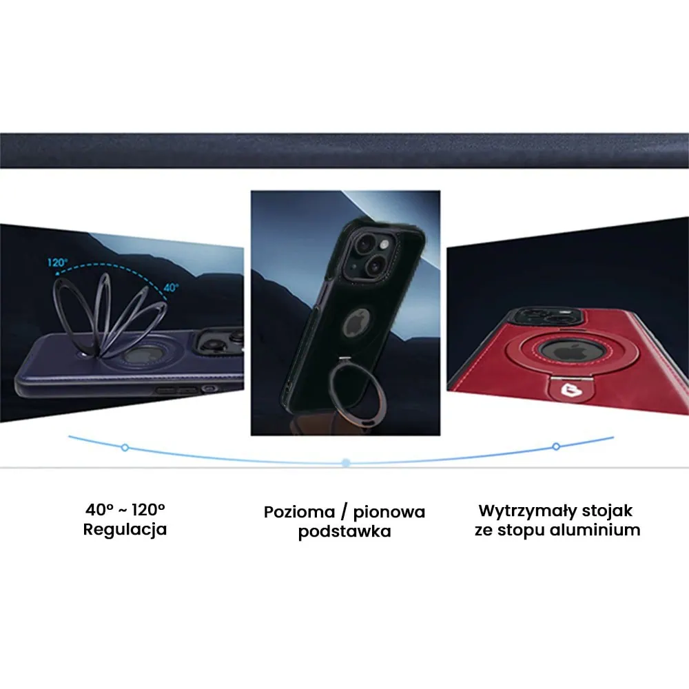 Etui do iPhone 14 Slim Leather MagSafe Stand z podstawką i widocznym logo, czarne