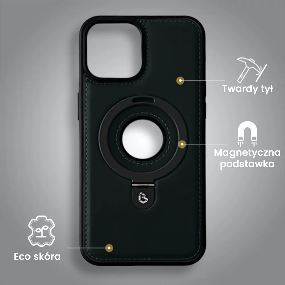 Etui do iPhone 14 Slim Leather MagSafe Stand z podstawką i widocznym logo, czarne
