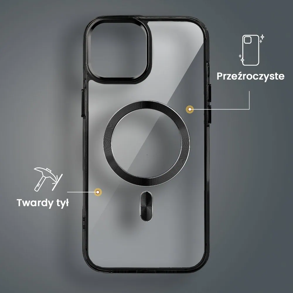 Etui do iPhone 14 Super Hybrid z MagSafe, twardy tył, metalowe ozdoby, czarne