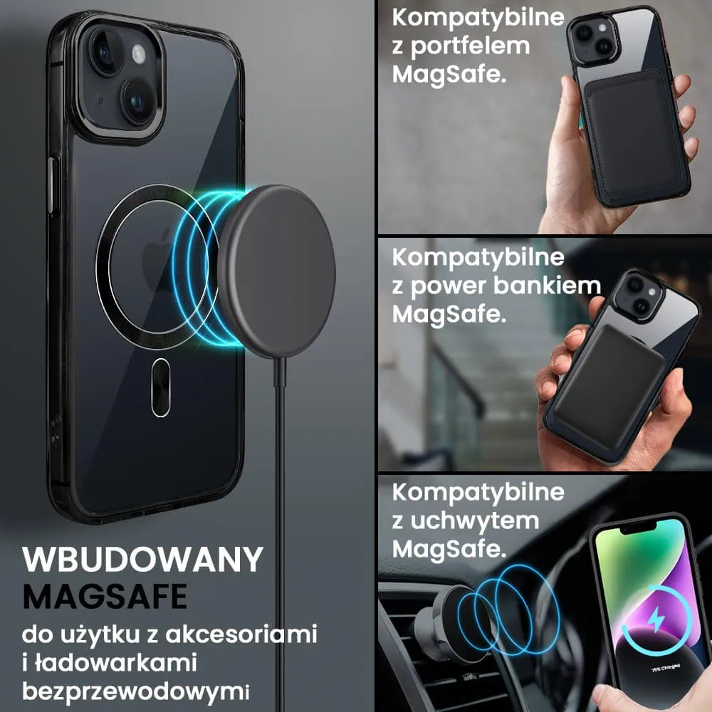 Etui do iPhone 14 Super Hybrid z MagSafe, twardy tył, metalowe ozdoby, czarne