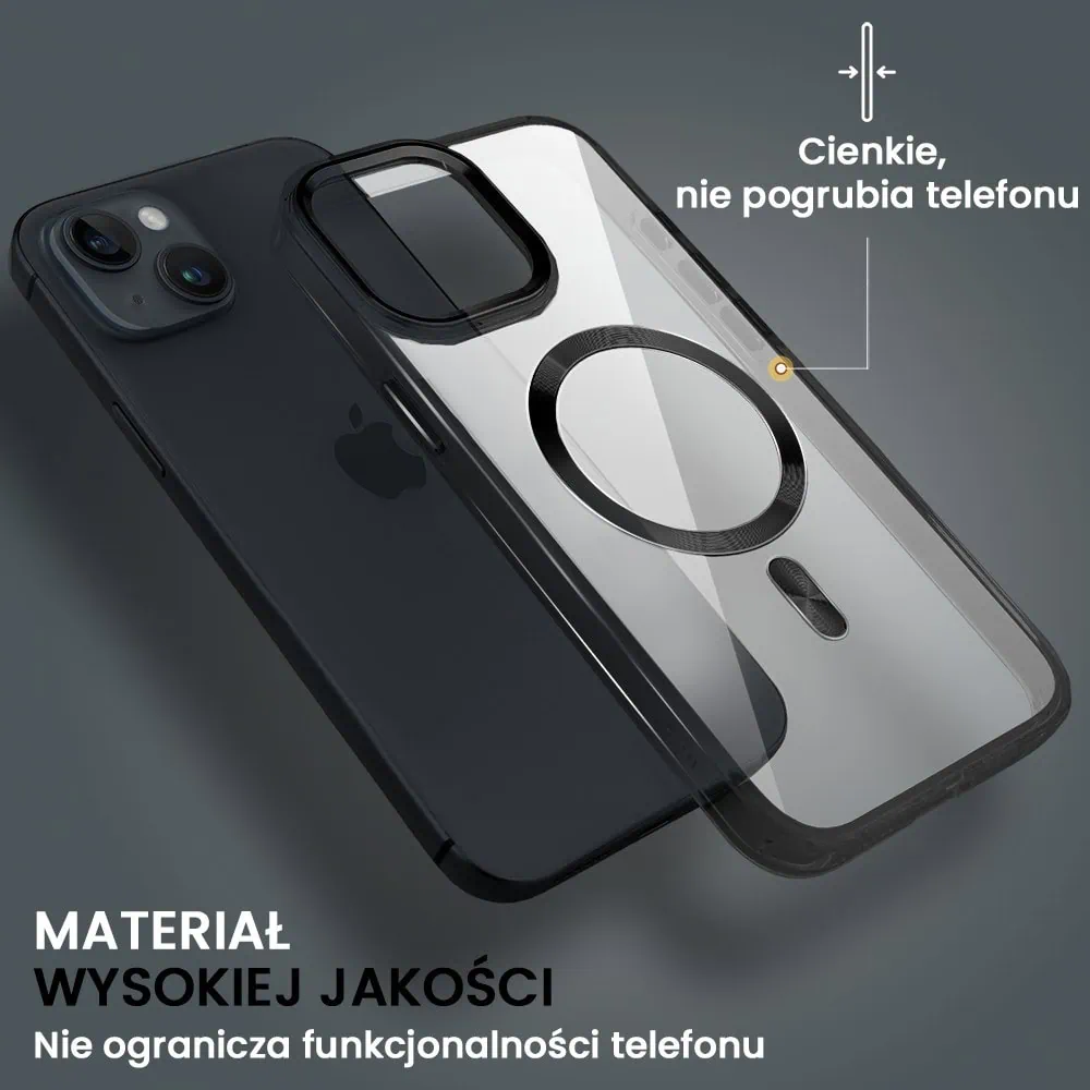 Etui do iPhone 14 Super Hybrid z MagSafe, twardy tył, metalowe ozdoby, czarne