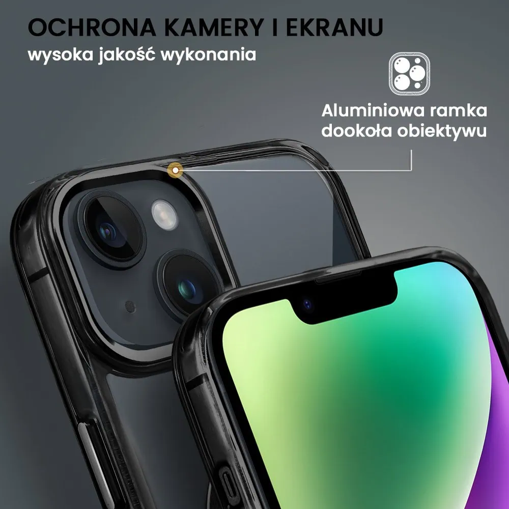 Etui do iPhone 14 Super Hybrid z MagSafe, twardy tył, metalowe ozdoby, czarne