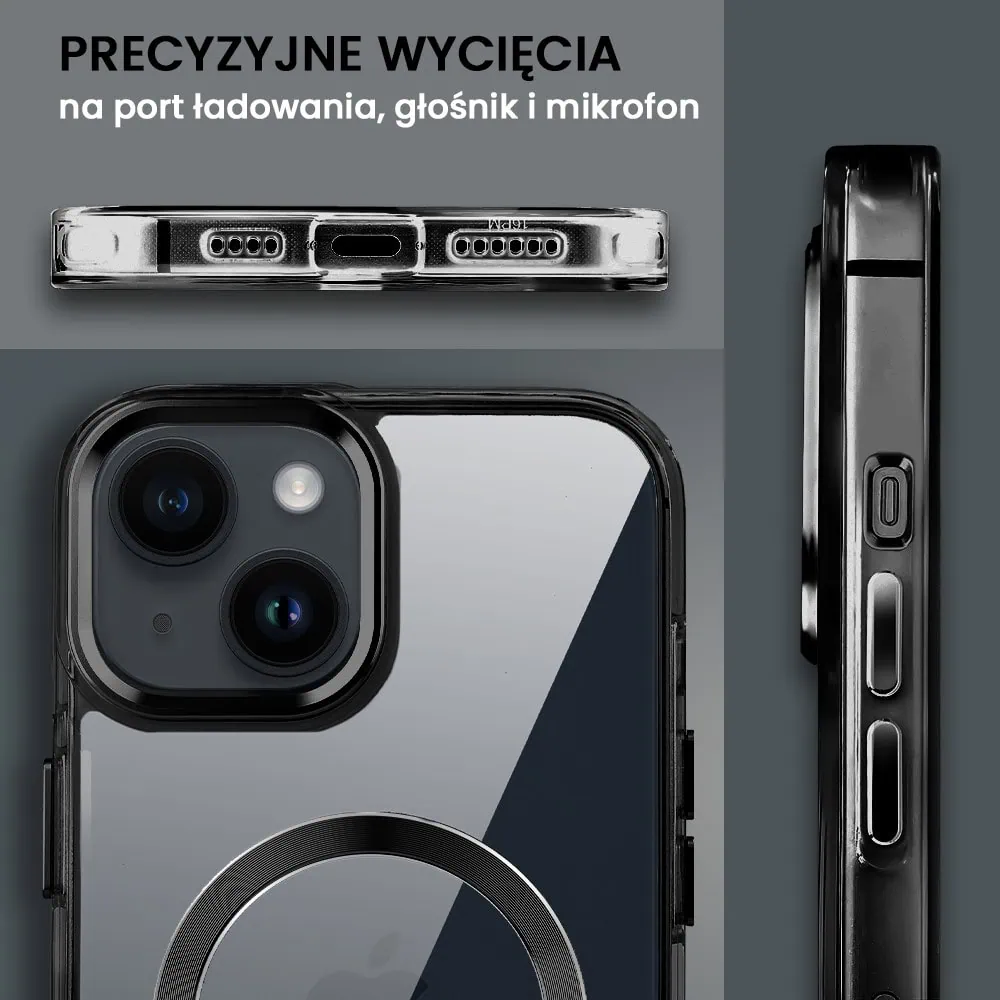 Etui do iPhone 14 Super Hybrid z MagSafe, twardy tył, metalowe ozdoby, czarne