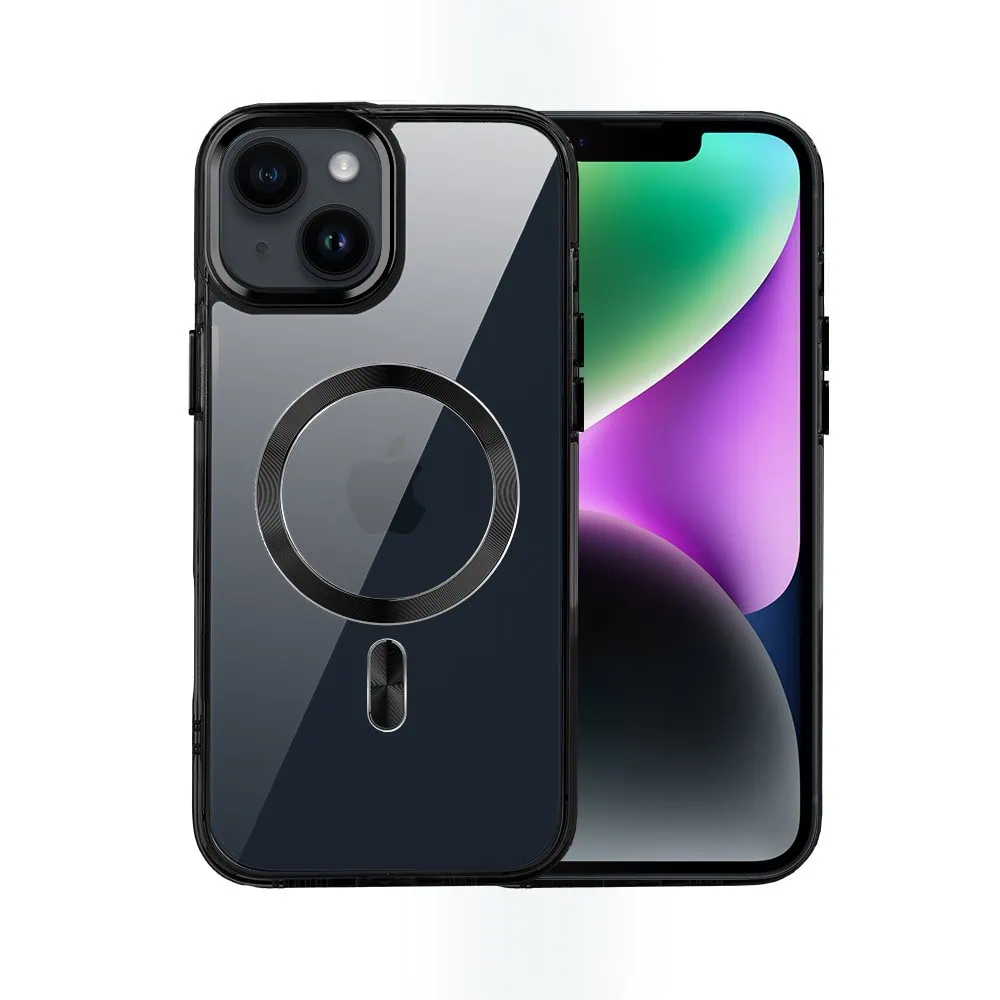 Etui do iPhone 14 Super Hybrid z MagSafe, twardy tył, metalowe ozdoby, czarne