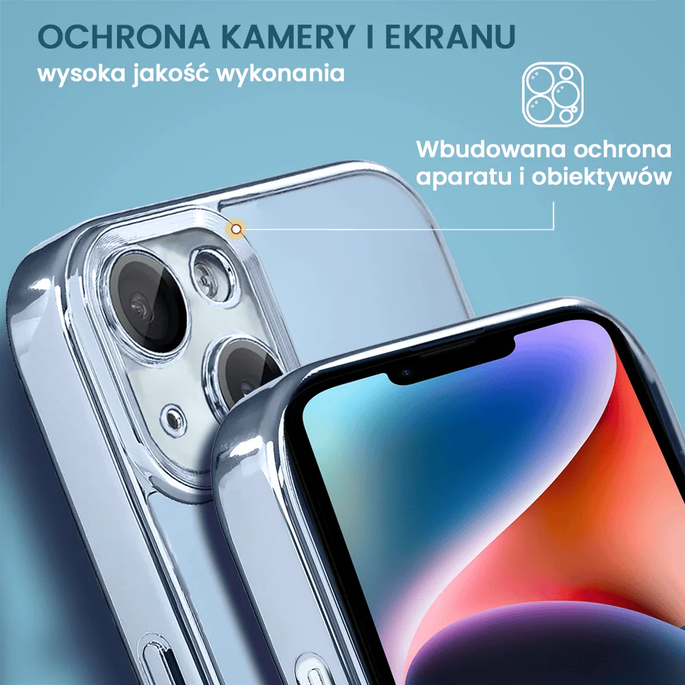 Etui do iPhone 14 cienkie, eleganckie, z osłoną aparatu i widocznym logo, niebieskie