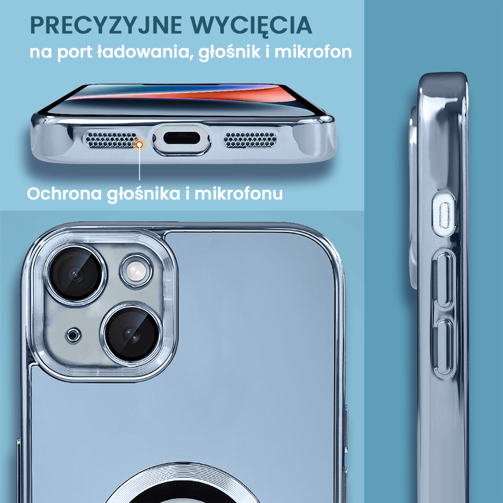 Etui do iPhone 14 cienkie, eleganckie, z osłoną aparatu i widocznym logo, niebieskie