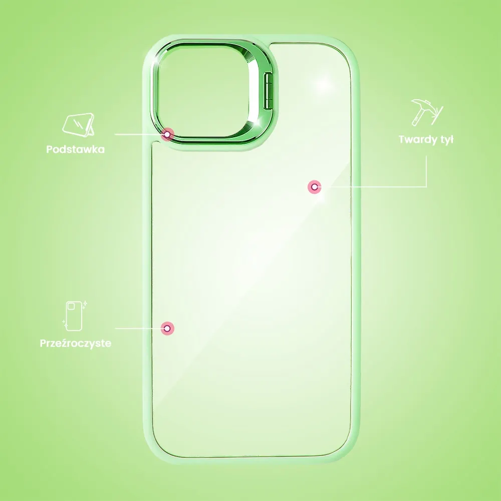 Etui do iPhone 14 cienkie przeźroczyste, 3w1 z podstawką i osłoną aparatu, miętowe