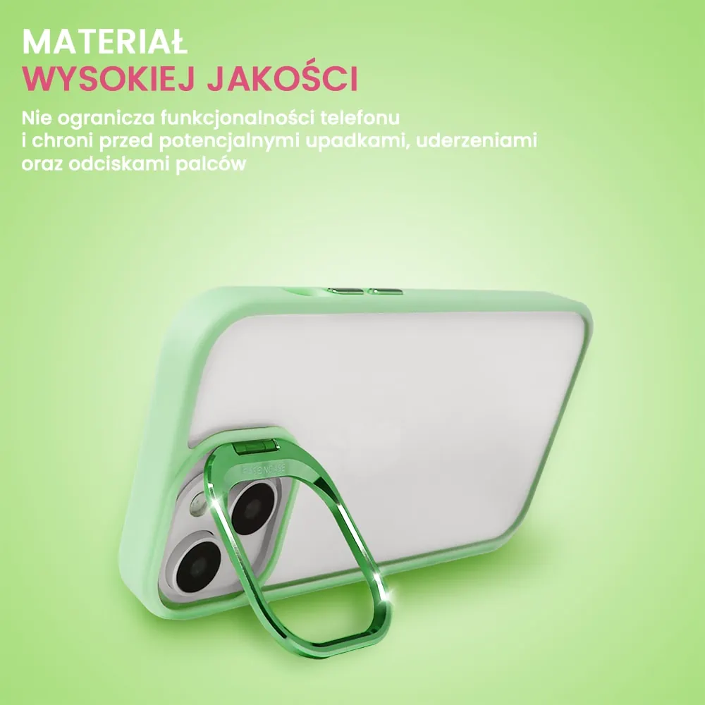 Etui do iPhone 14 cienkie przeźroczyste, 3w1 z podstawką i osłoną aparatu, miętowe