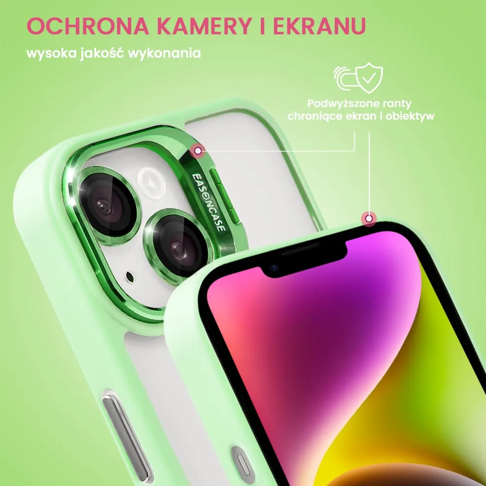 Etui do iPhone 14 cienkie przeźroczyste, 3w1 z podstawką i osłoną aparatu, miętowe