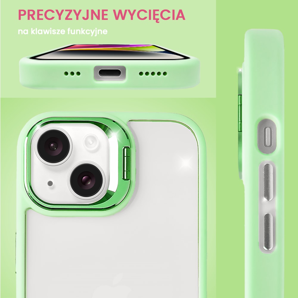 Etui do iPhone 14 cienkie przeźroczyste, 3w1 z podstawką i osłoną aparatu, miętowe