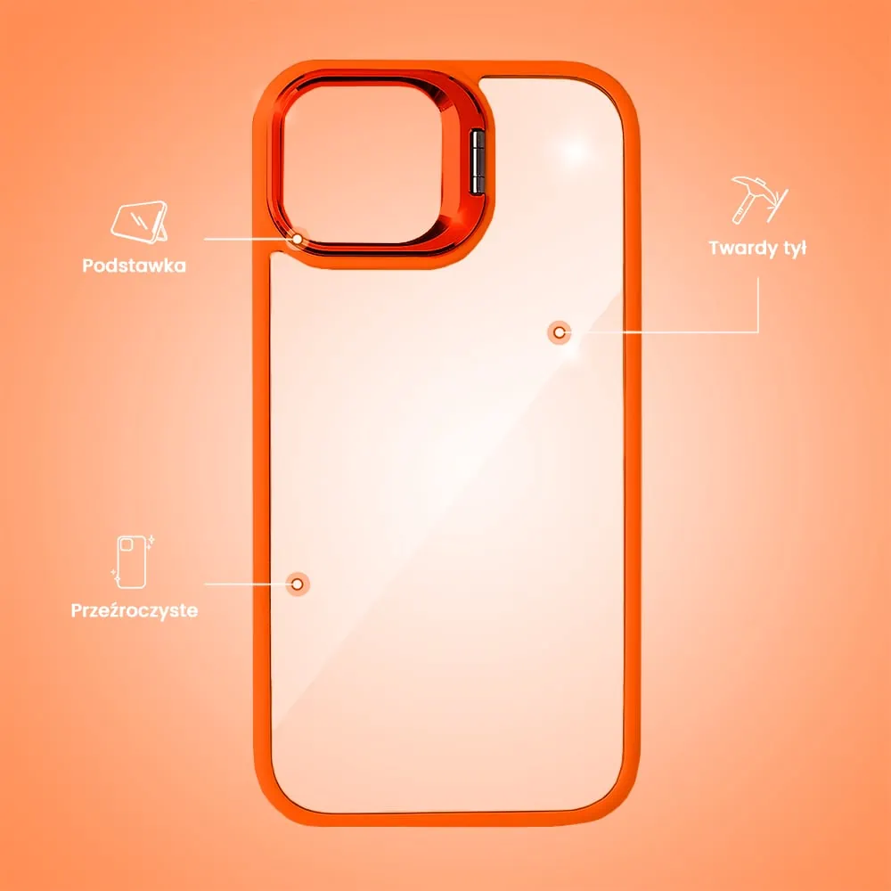 Etui do iPhone 14 cienkie przeźroczyste, 3w1 z podstawką i osłoną aparatu, pomarańczowe