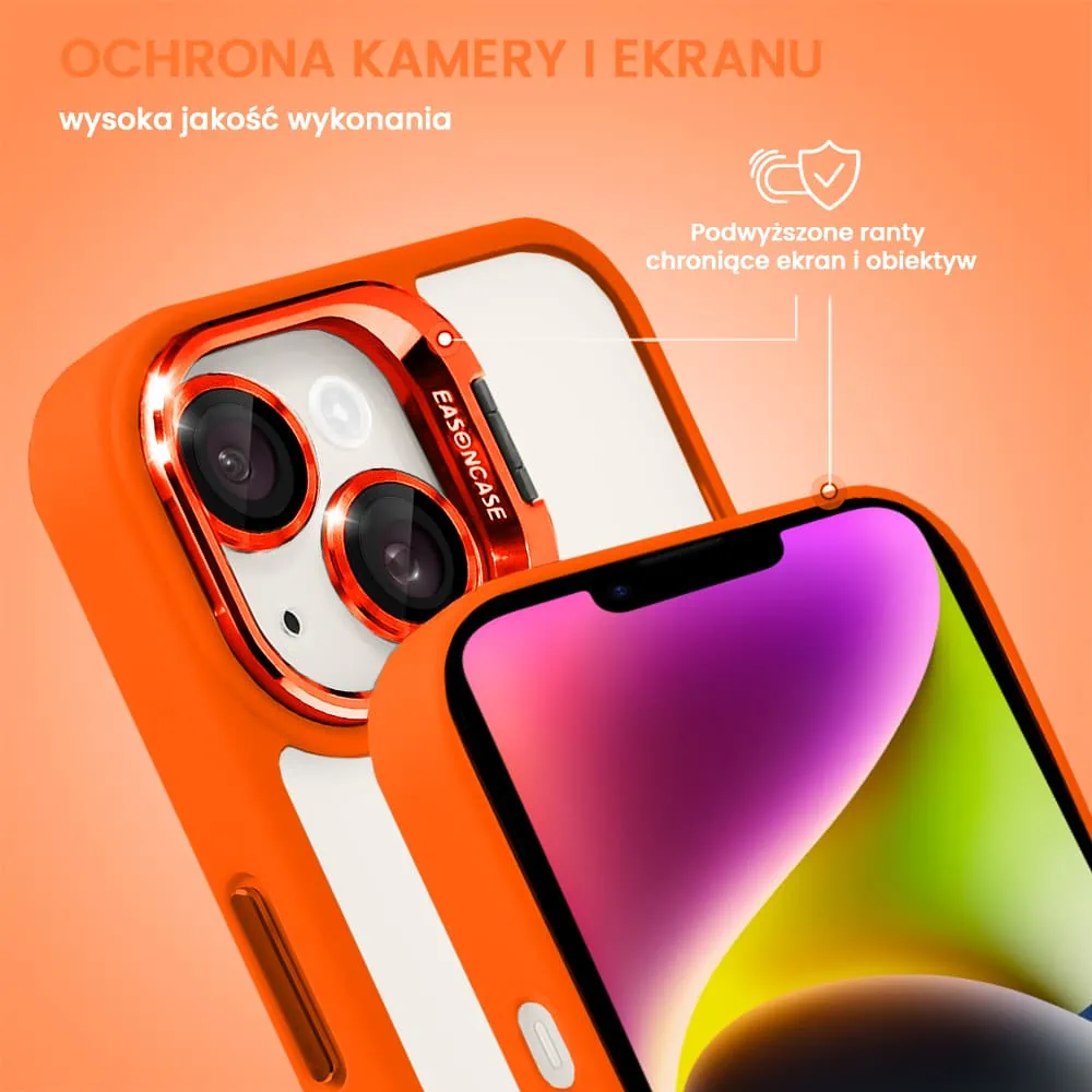 Etui do iPhone 14 cienkie przeźroczyste, 3w1 z podstawką i osłoną aparatu, pomarańczowe