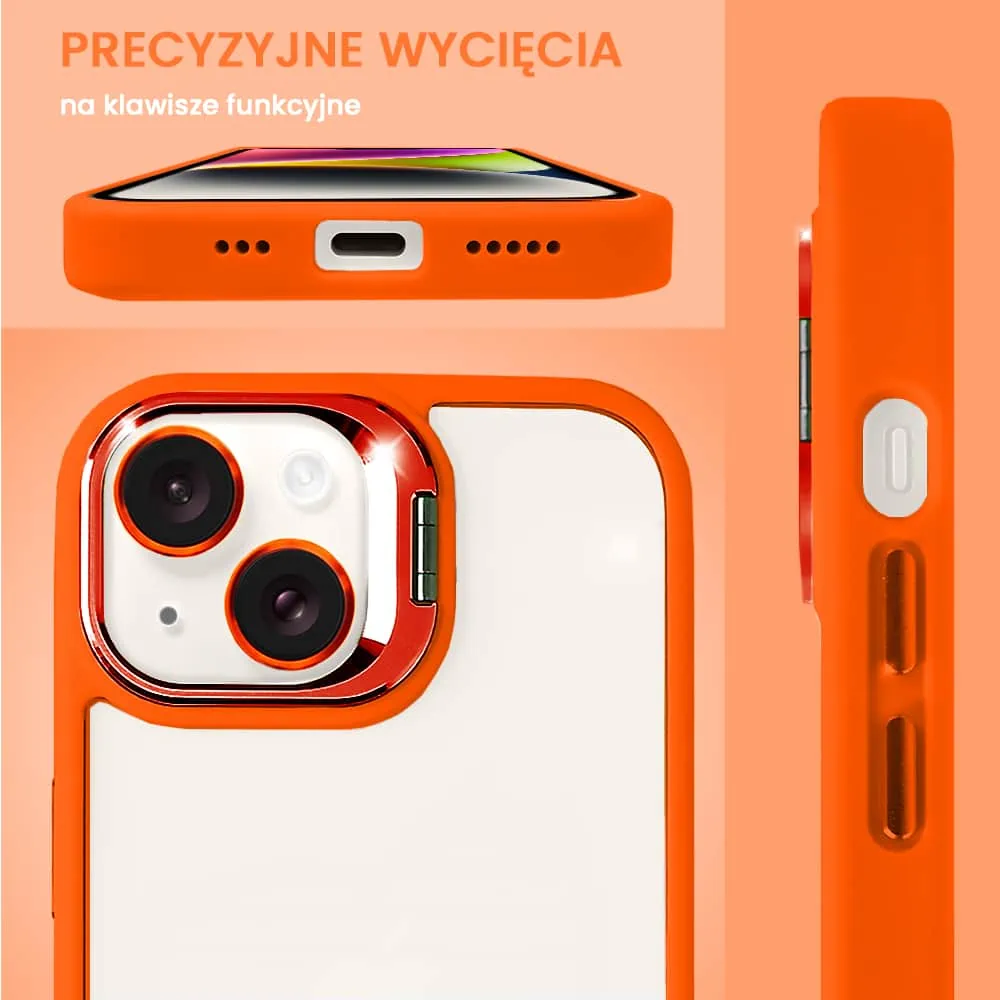 Etui do iPhone 14 cienkie przeźroczyste, 3w1 z podstawką i osłoną aparatu, pomarańczowe