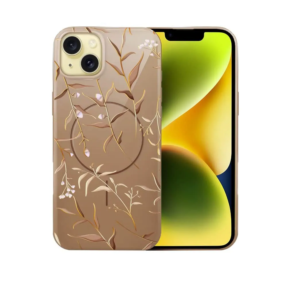 Etui do iPhone 14 Plus, elastyczne, z MagSafe, Złocisty Ogród, beżowe