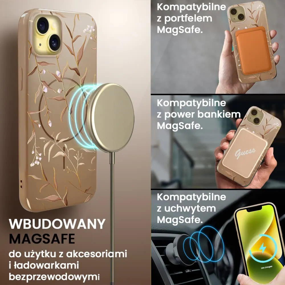 Etui do iPhone 14 Plus, elastyczne, z MagSafe, Złocisty Ogród, beżowe