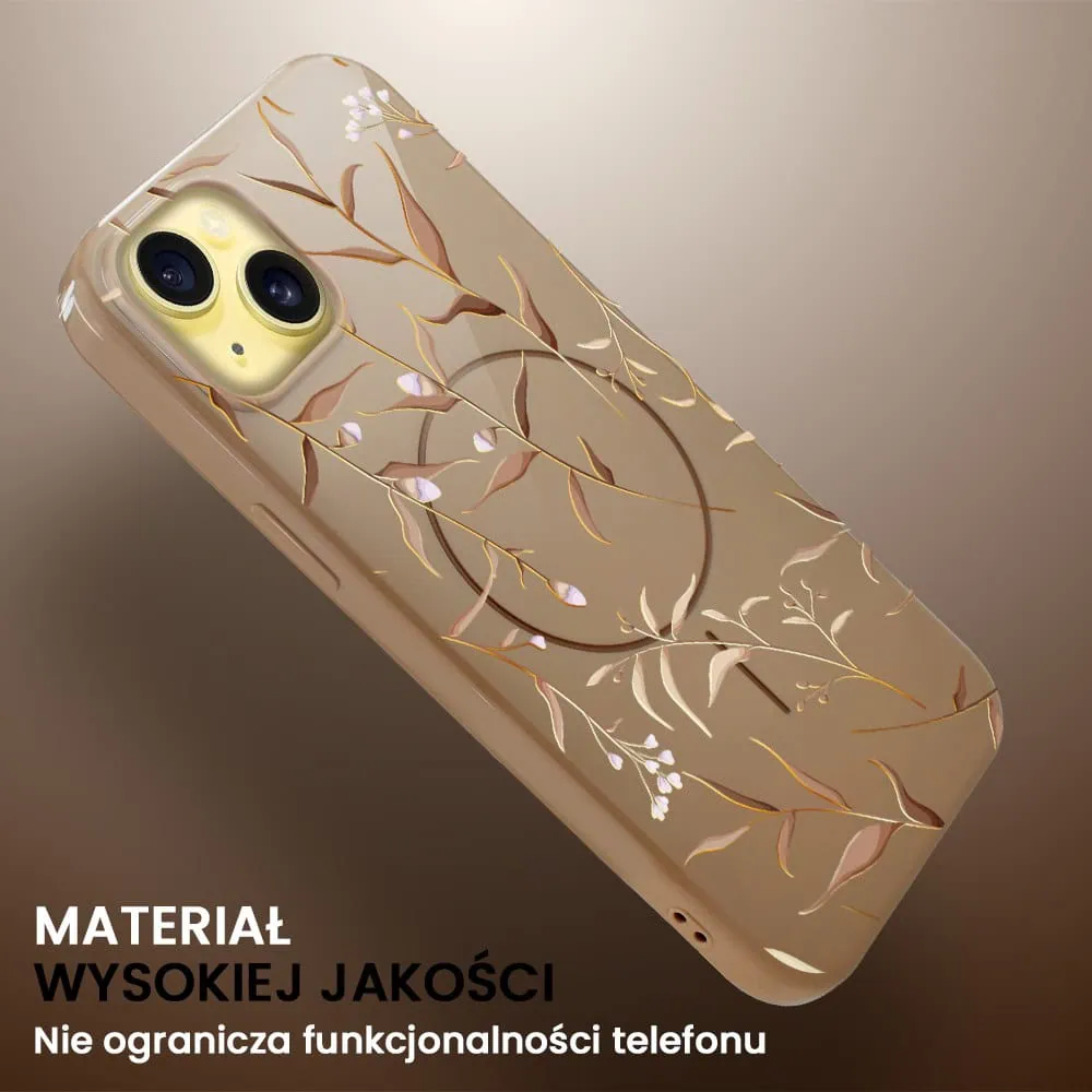 Etui do iPhone 14 Plus, elastyczne, z MagSafe, Złocisty Ogród, beżowe