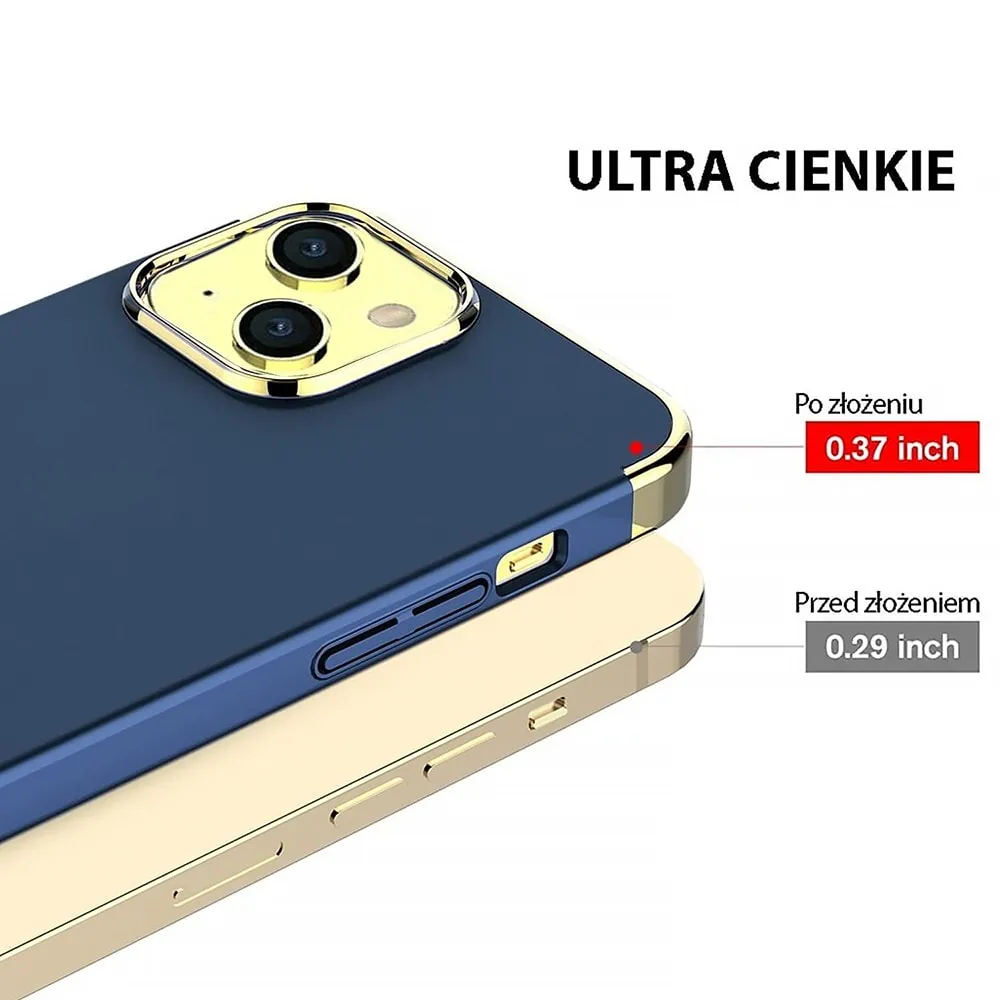 Etui do iPhone 13 Mini eleganckie cienkie ze zdobieniami i widocznym logo, niebieskie