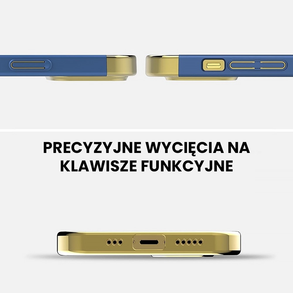 Etui do iPhone 13 Mini eleganckie cienkie ze zdobieniami i widocznym logo, niebieskie