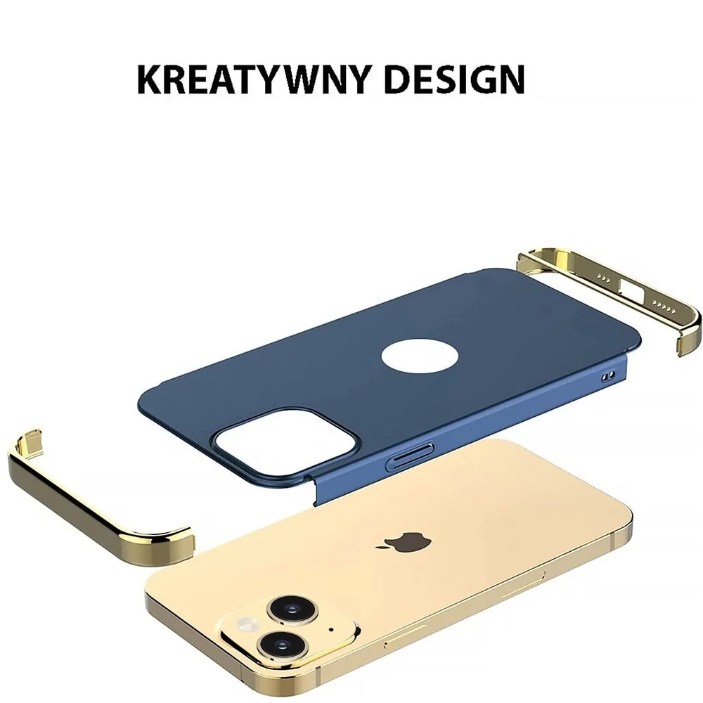 Etui do iPhone 13 Mini eleganckie cienkie ze zdobieniami i widocznym logo, niebieskie