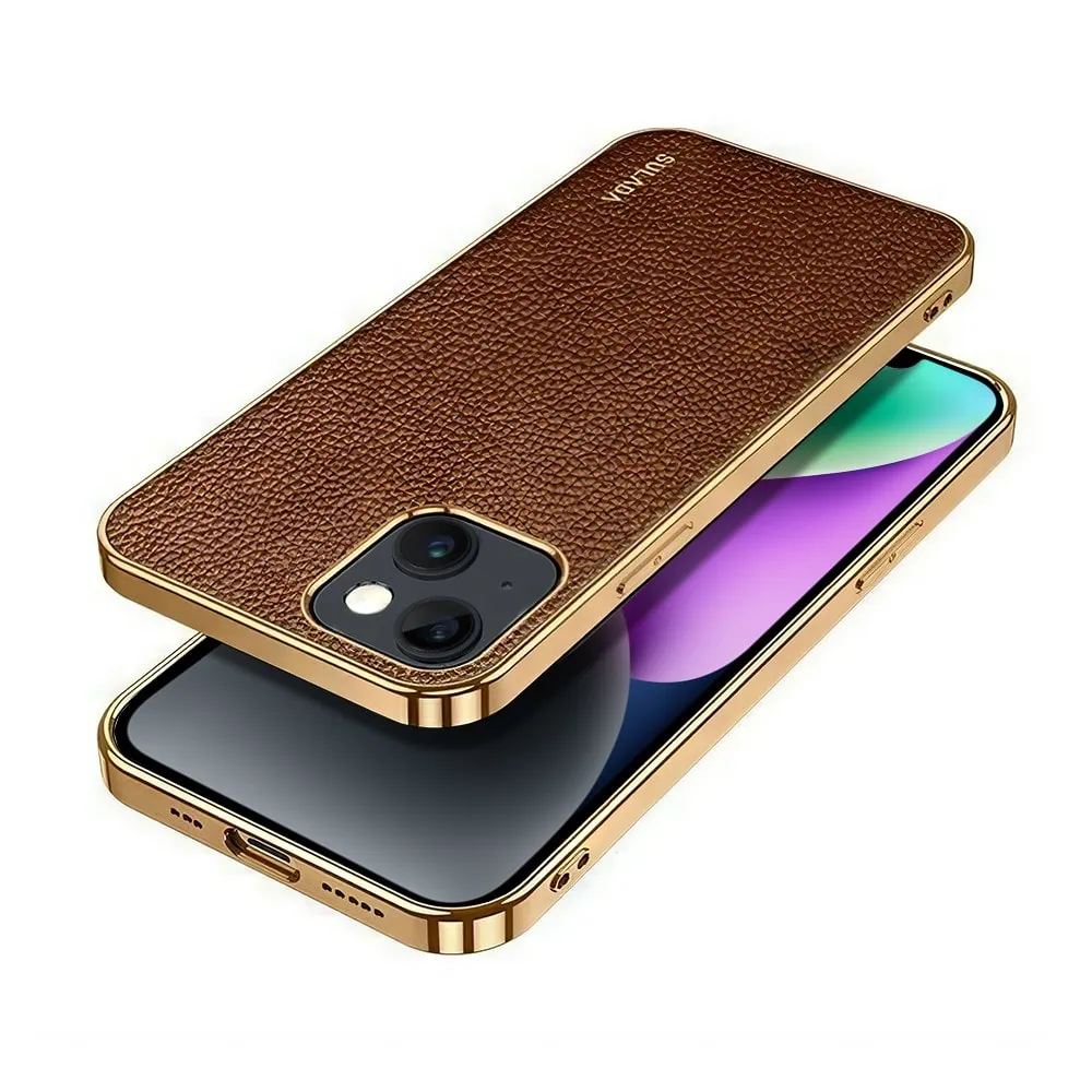 Etui do iPhone 14 eleganckie luksusowe skórzane brązowe ze złotem