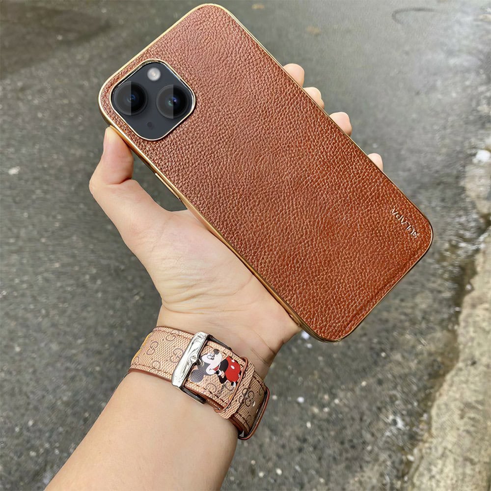 Etui do iPhone 14 eleganckie luksusowe skórzane brązowe ze złotem
