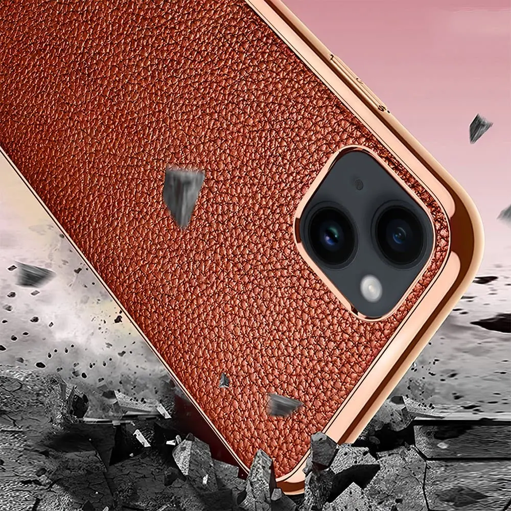 Etui do iPhone 14 eleganckie luksusowe skórzane brązowe ze złotem