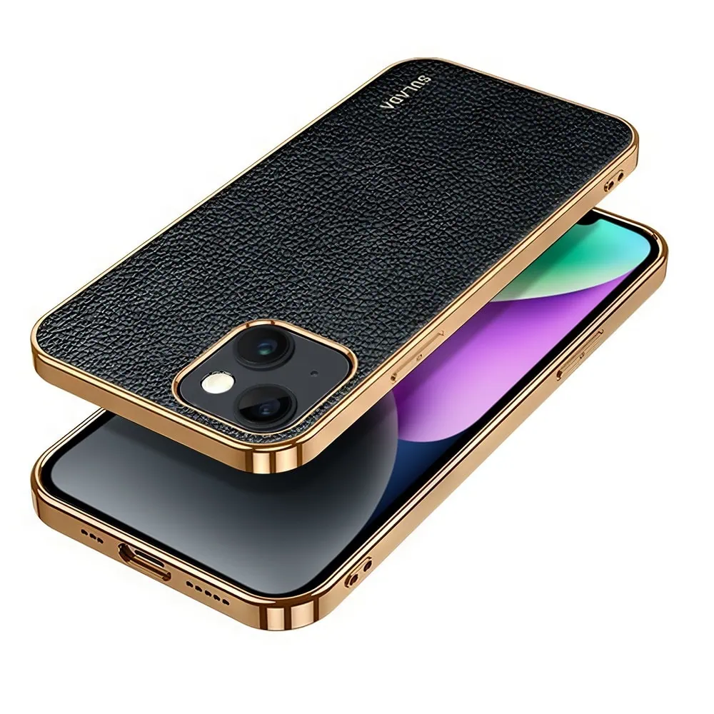 Etui do iPhone 14 eleganckie luksusowe skórzane czarne ze złotem