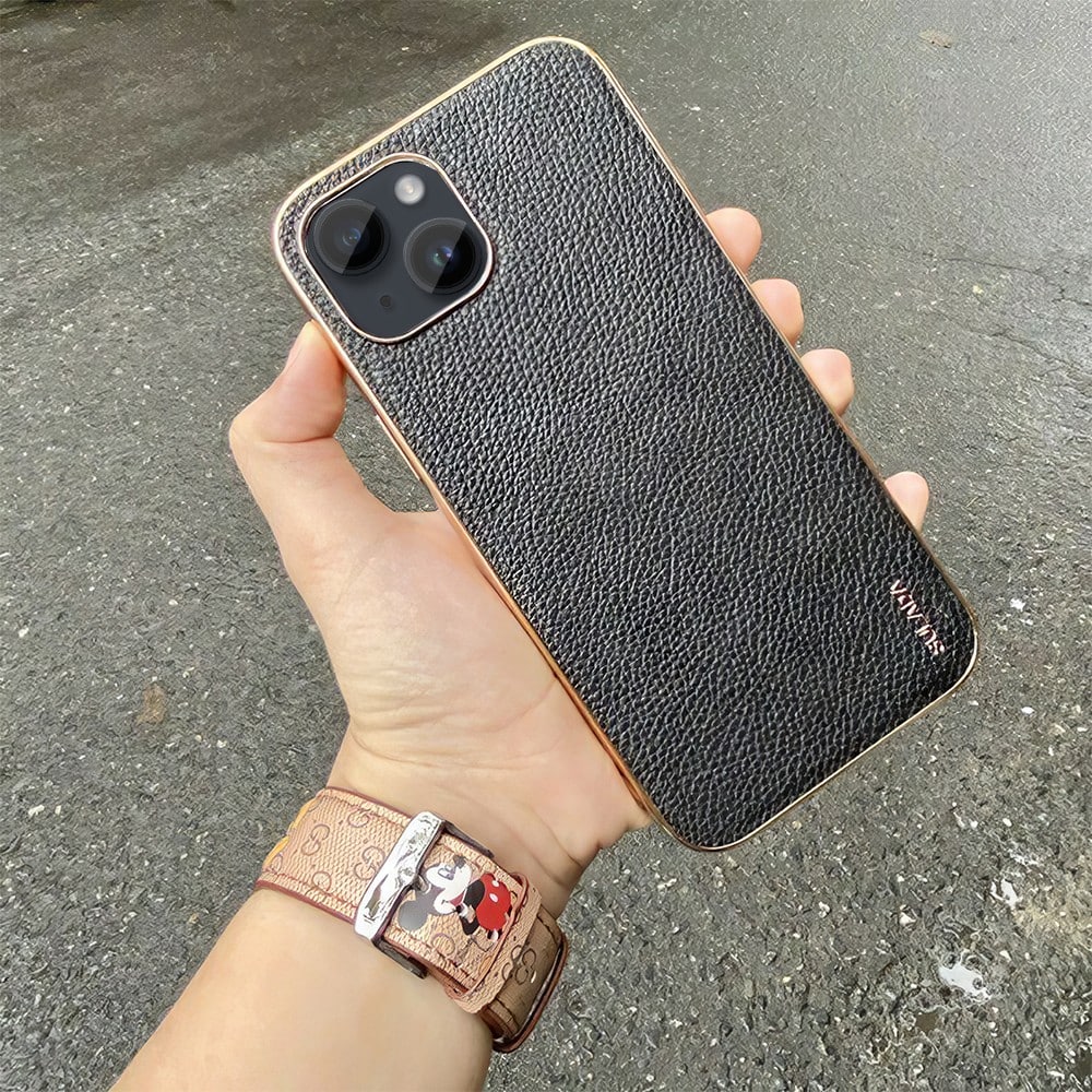 Etui do iPhone 14 eleganckie luksusowe skórzane czarne ze złotem