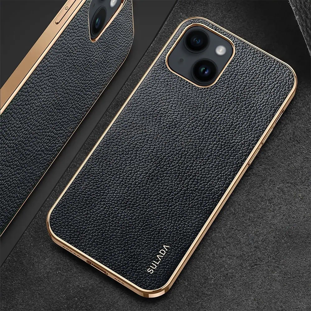 Etui do iPhone 14 eleganckie luksusowe skórzane czarne ze złotem