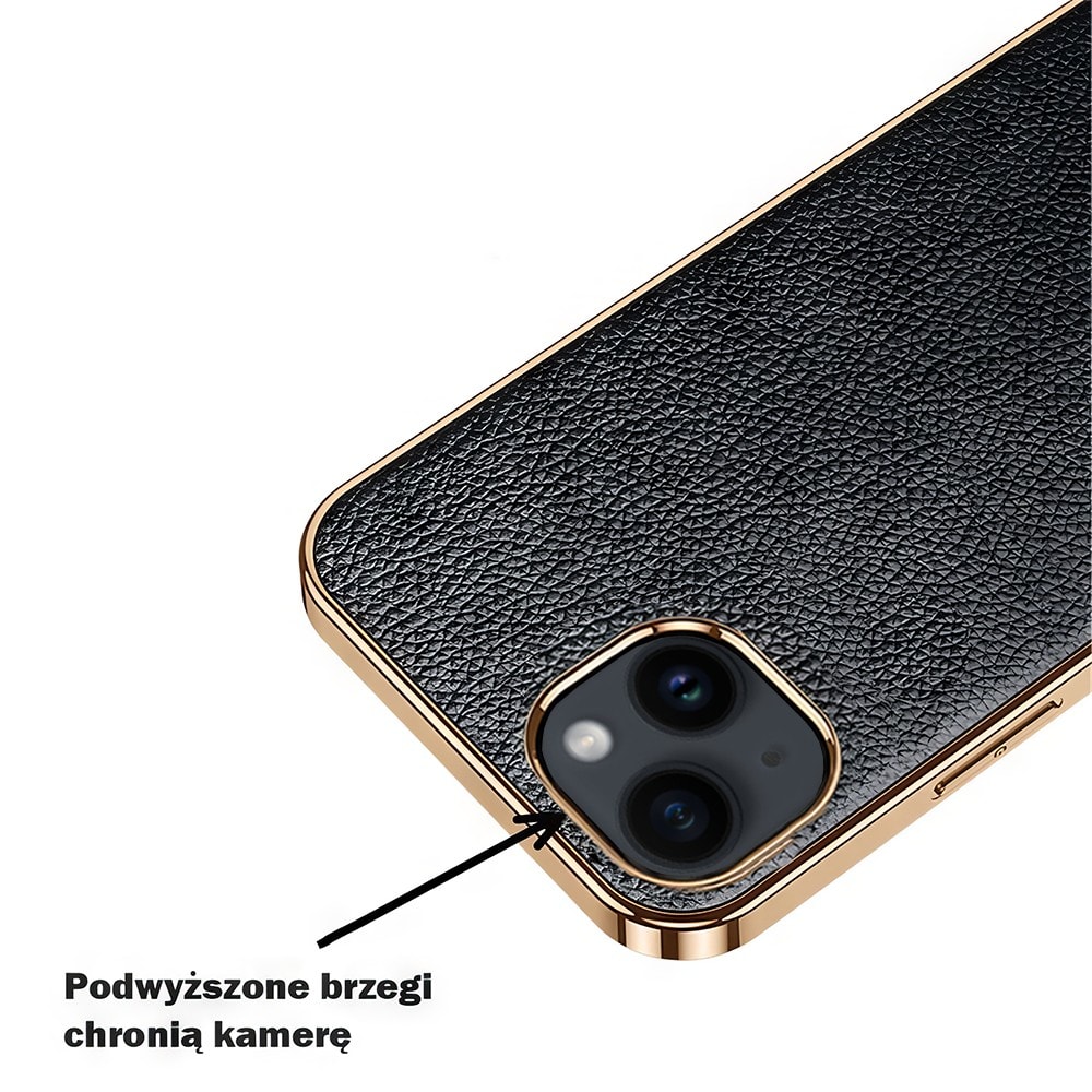 Etui do iPhone 14 eleganckie luksusowe skórzane czarne ze złotem