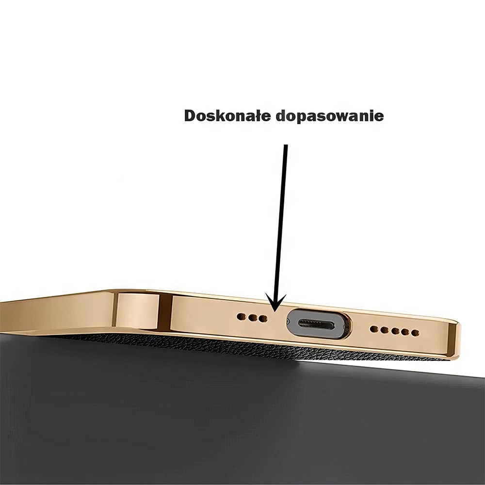 Etui do iPhone 14 eleganckie luksusowe skórzane czarne ze złotem