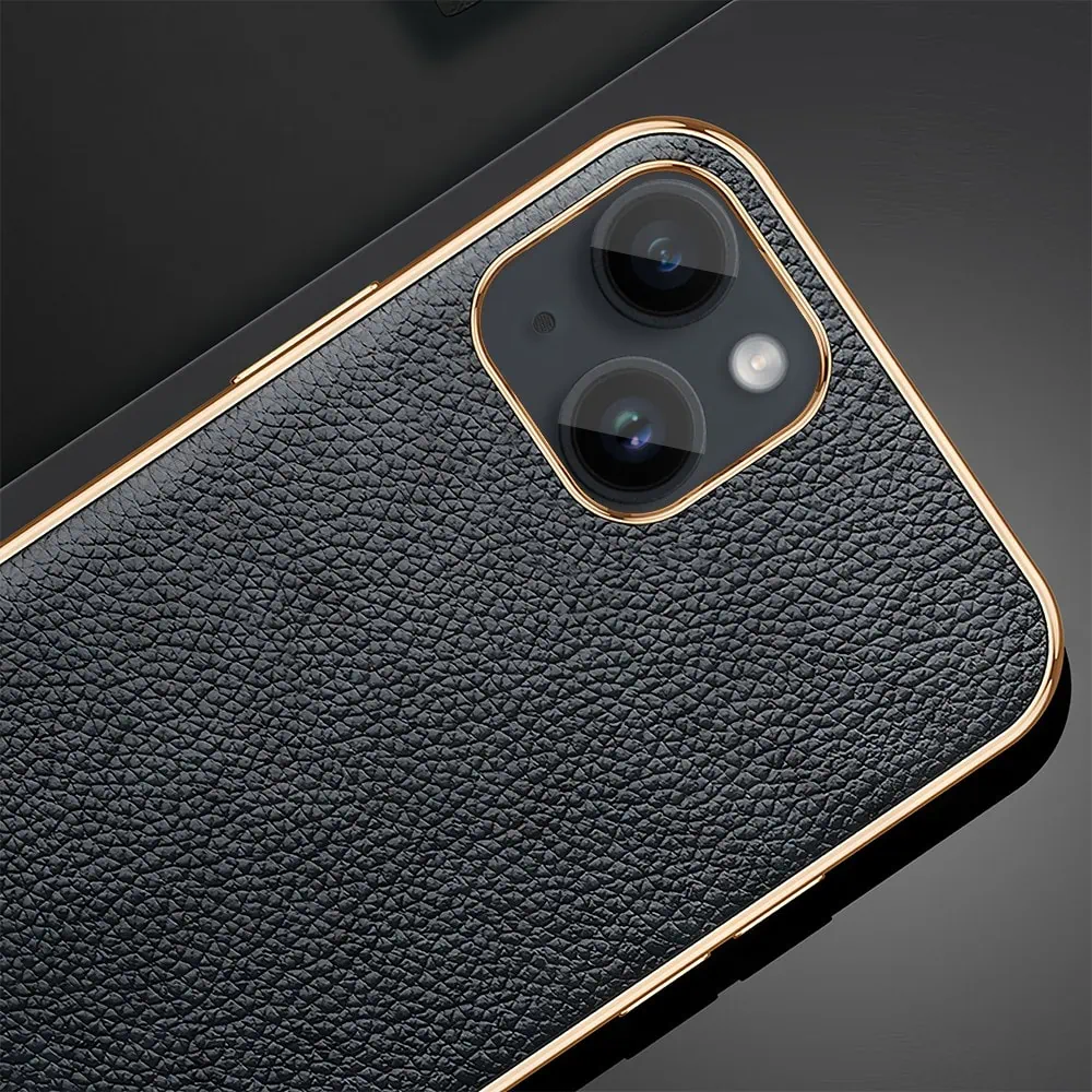 Etui do iPhone 14 eleganckie luksusowe skórzane czarne ze złotem
