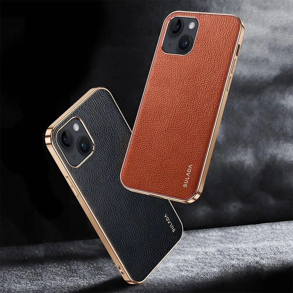 Etui do iPhone 14 eleganckie luksusowe skórzane czarne ze złotem