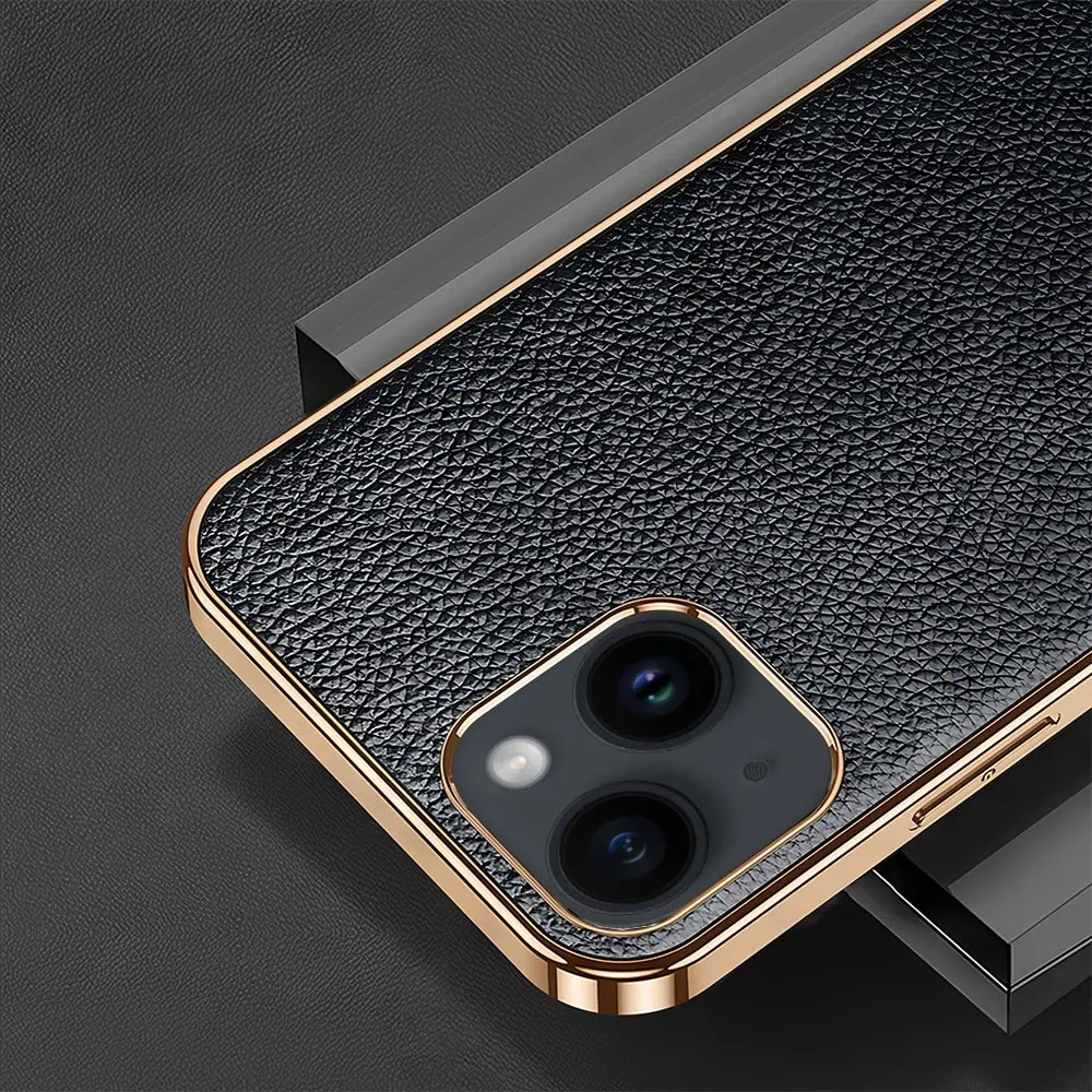 Etui do iPhone 14 eleganckie luksusowe skórzane czarne ze złotem