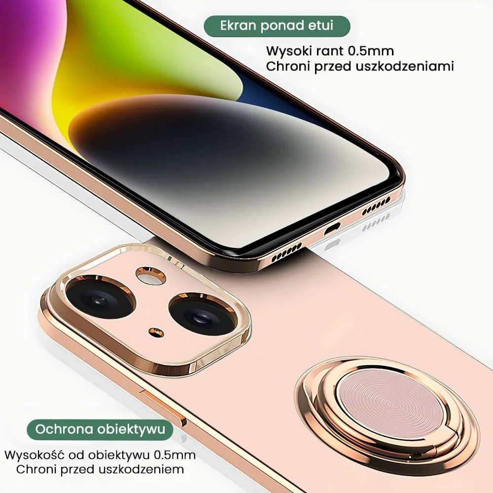 Etui do iPhone 14 Plus eleganckie, ze złotym, metalowym uchwytem i zdobieniami, osłona na aparat, złoty róż