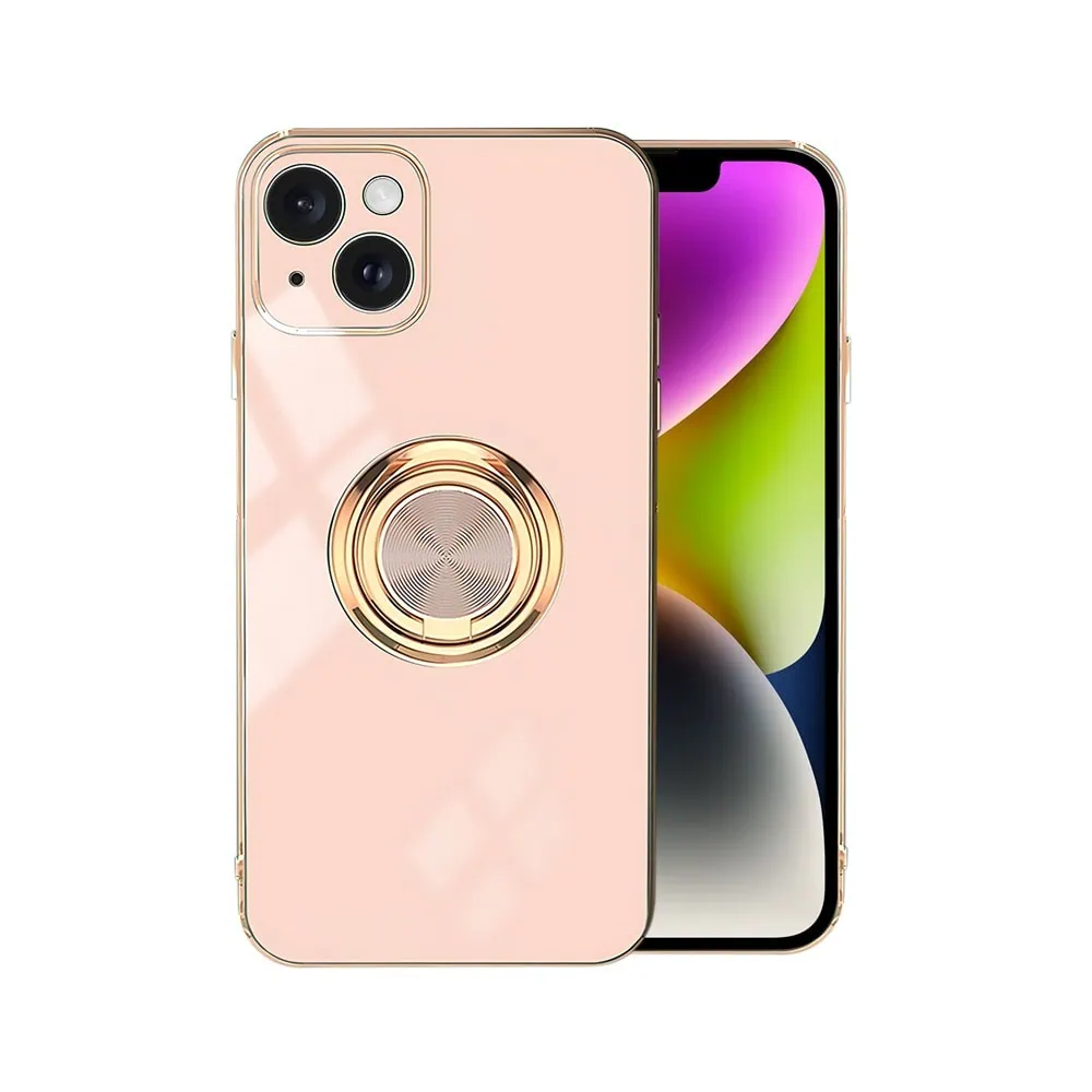 Etui do iPhone 14 Plus eleganckie, ze złotym, metalowym uchwytem i zdobieniami, osłona na aparat, złoty róż