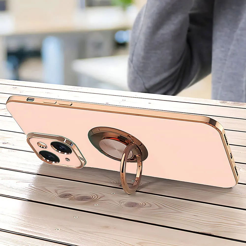 Etui do iPhone 14 Plus eleganckie, ze złotym, metalowym uchwytem i zdobieniami, osłona na aparat, złoty róż