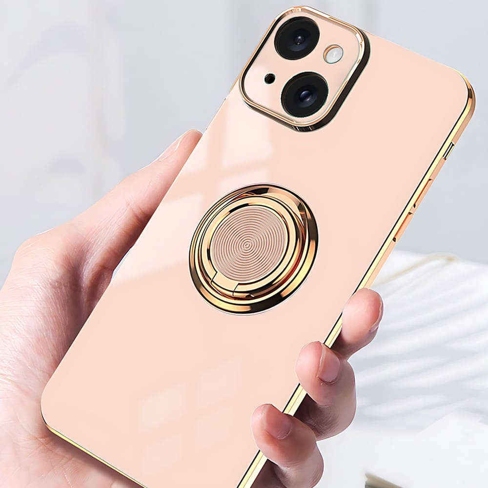 Etui do iPhone 14 Plus eleganckie, ze złotym, metalowym uchwytem i zdobieniami, osłona na aparat, złoty róż