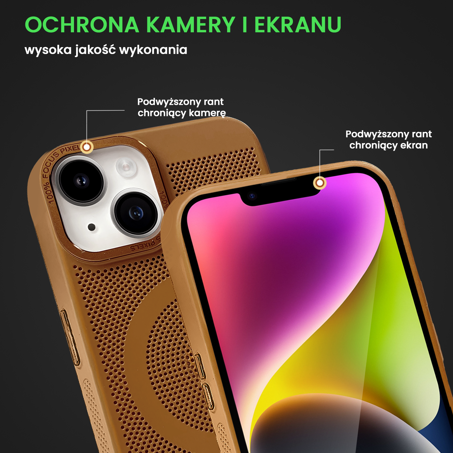 Etui do iPhone 14 Breathable Cam Ring, oddychające z Magsafe, brązowe