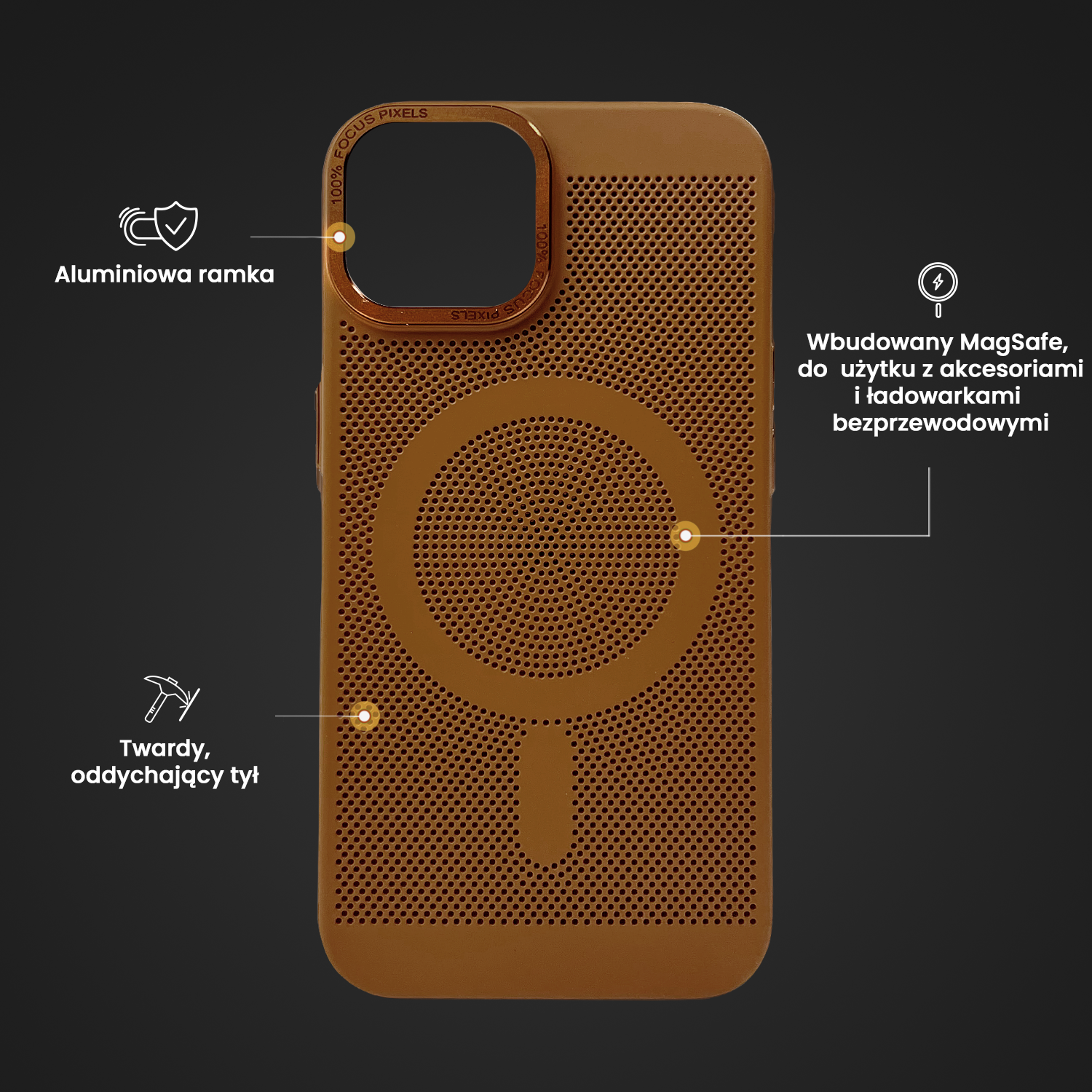 Etui do iPhone 14 Breathable Cam Ring, oddychające z Magsafe, brązowe