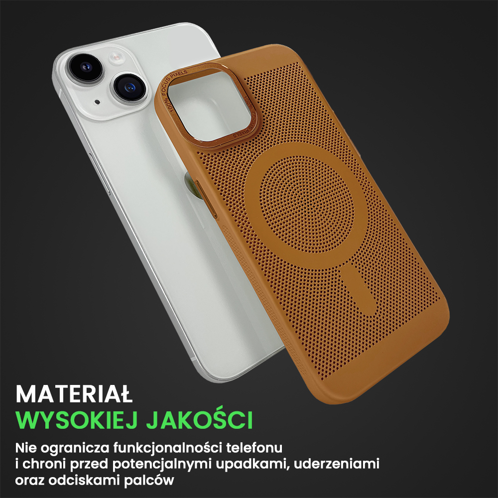 Etui do iPhone 14 Breathable Cam Ring, oddychające z Magsafe, brązowe