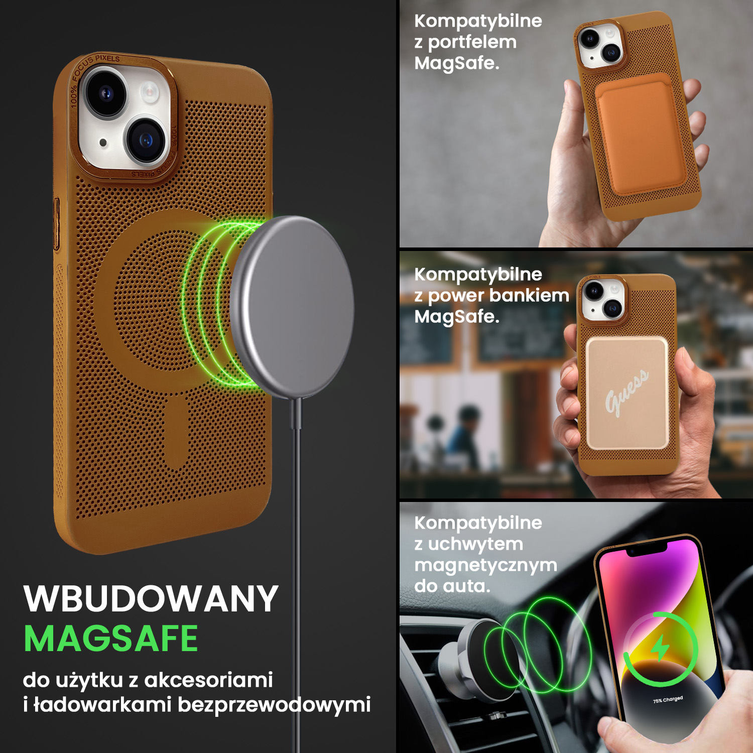 Etui do iPhone 14 Breathable Cam Ring, oddychające z Magsafe, brązowe