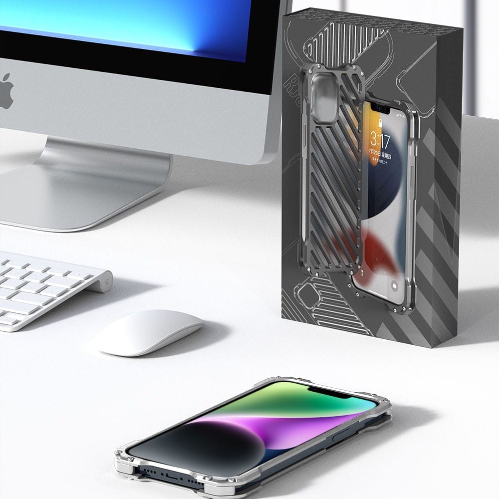 Etui do iPhone 14 pancerne, metalowe, skręcane, srebrne